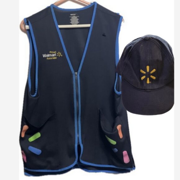Walmart Employee Vest Women's Size Medium & Hat OS Blue W/Logo 2 Front Pockets - Picture 1 of 7